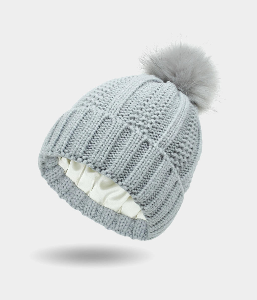 SATIN POMPOM BEANIE.