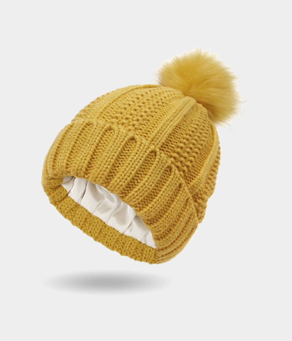 SATIN POMPOM BEANIE.